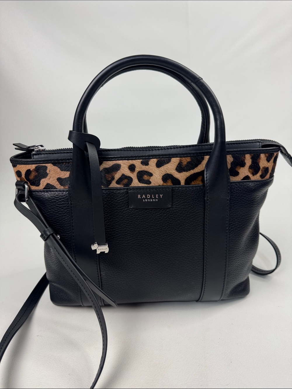 RADLEY LONDON Black Leather Satchel bag Leopard Accent Crossbody NEW